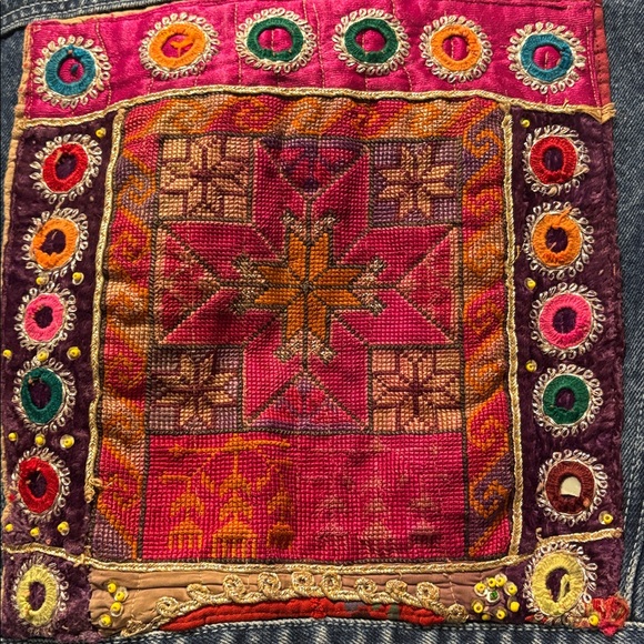 Upcycled Denim Embellished Handmade Jacket with Purple Accent Collar size M. - Picture 12 of 14